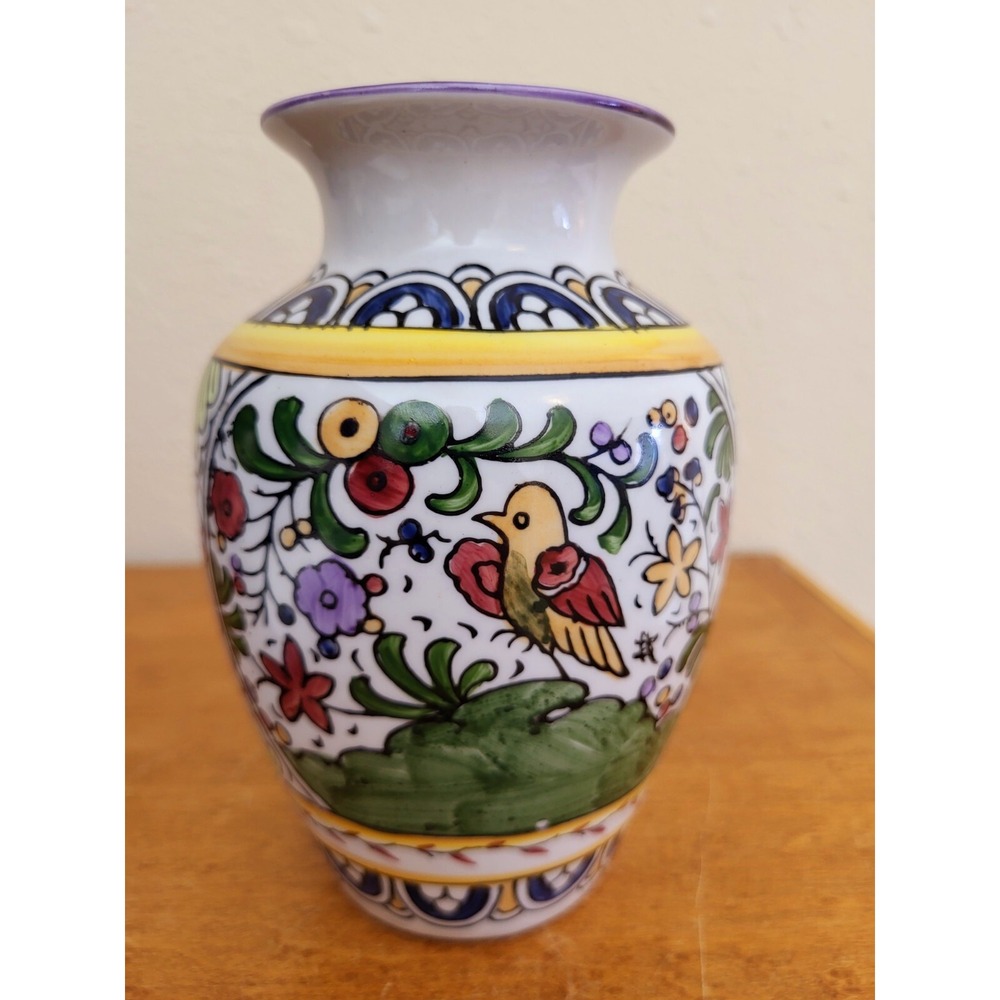 Vintage Hand Painted Marked Chinese Ceramic Bird Flowers Design 6" Pottery Vase